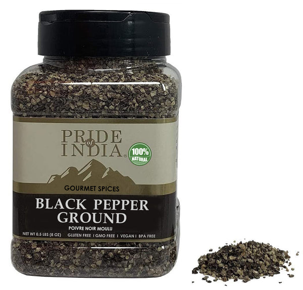 Pride of India - Black Pepper Ground - Ideal for Gourmet Dishes/ Soups/ Stews/ Rubs - Fresh & Preservatives Free - Warming Spice - Easy to Store - 8oz. Medium Dual Sifter Jar