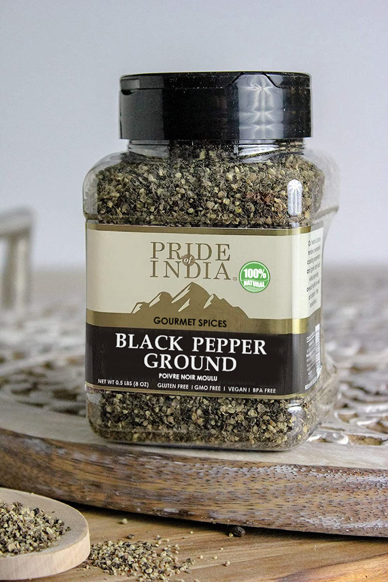 Pride of India - Black Pepper Ground - Ideal for Gourmet Dishes/ Soups/ Stews/ Rubs - Fresh & Preservatives Free - Warming Spice - Easy to Store - 8oz. Medium Dual Sifter Jar