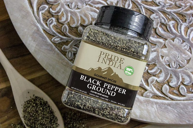 Pride of India - Black Pepper Ground - Ideal for Gourmet Dishes/ Soups/ Stews/ Rubs - Fresh & Preservatives Free - Warming Spice - Easy to Store - 8oz. Medium Dual Sifter Jar