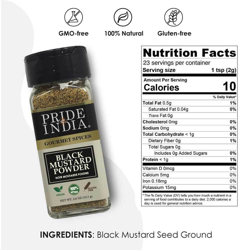 Pride of India - Black Mustard Seed Ground - Perfect Ingredient in Spice Blends - Spice up Pickles/Curries/Stews - Additives Free/Gourmet Spice - Easy to Use - 2.6 oz. Small Dual Sifter Bottle