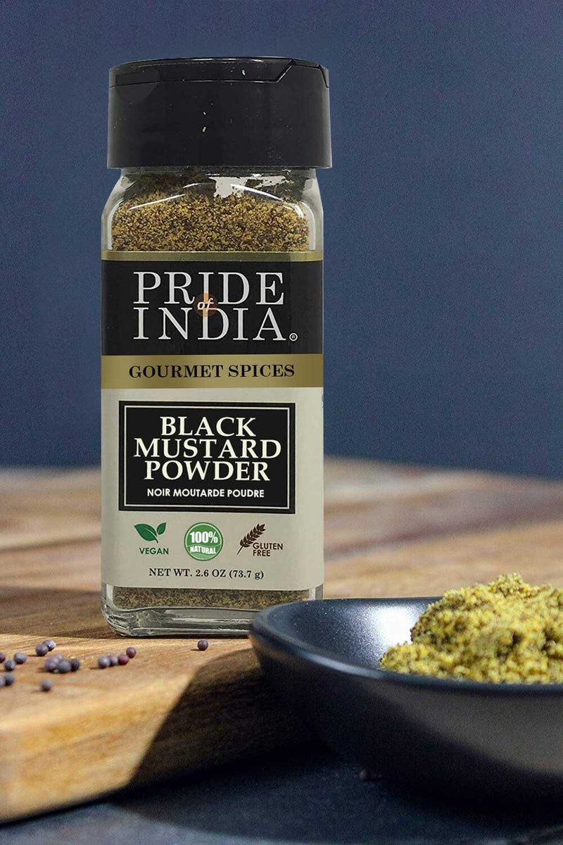 Pride of India - Black Mustard Seed Ground - Perfect Ingredient in Spice Blends - Spice up Pickles/Curries/Stews - Additives Free/Gourmet Spice - Easy to Use - 2.6 oz. Small Dual Sifter Bottle