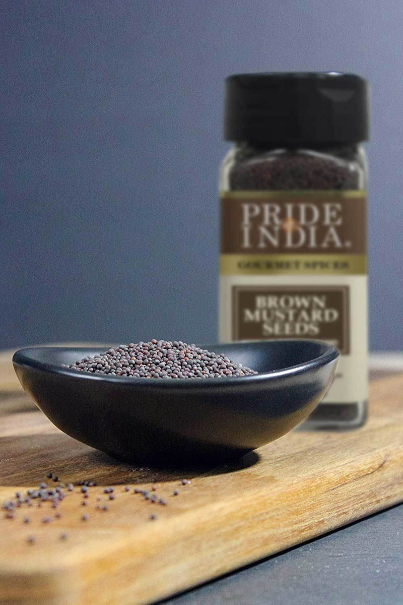 Pride of India - Brown Mustard Seed Whole - Gourmet Indian Spice - Hot & Spicy Flavor - Ideal seasoning for sauces/dips/spice blends - Easy to Use - 3 oz. Small Dual Sifter Bottle