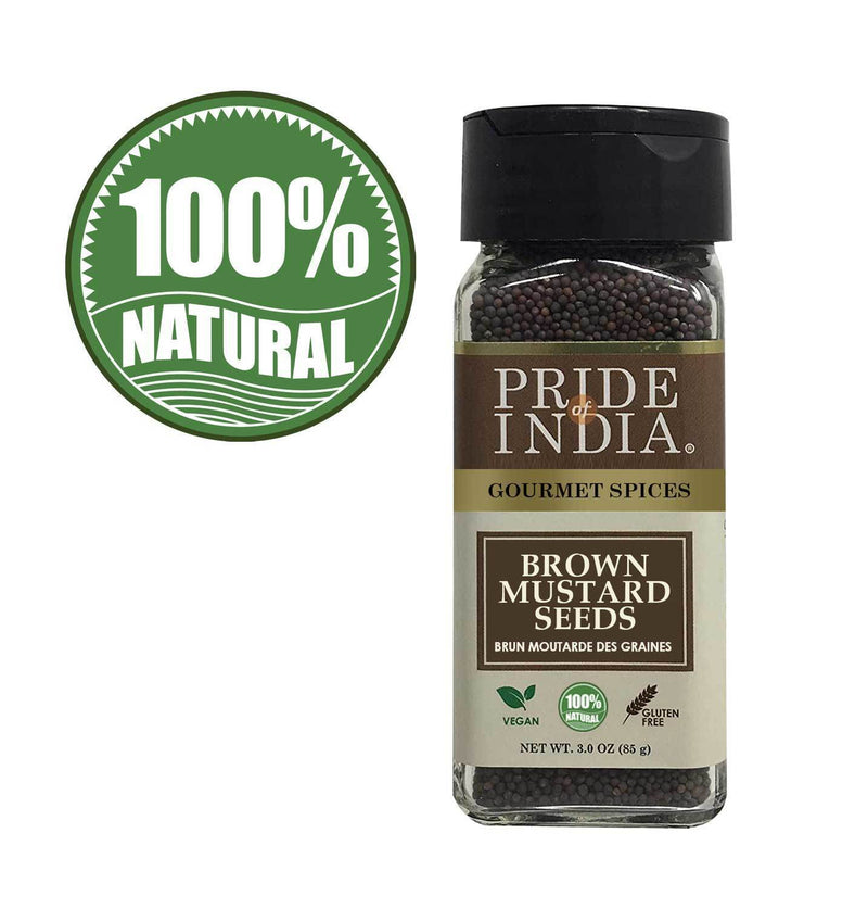 Pride of India - Brown Mustard Seed Whole - Gourmet Indian Spice - Hot & Spicy Flavor - Ideal seasoning for sauces/dips/spice blends - Easy to Use - 3 oz. Small Dual Sifter Bottle