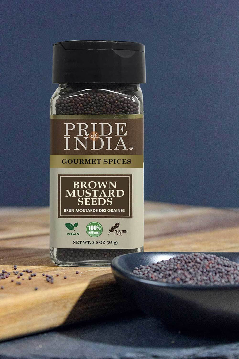 Pride of India - Brown Mustard Seed Whole - Gourmet Indian Spice - Hot & Spicy Flavor - Ideal seasoning for sauces/dips/spice blends - Easy to Use - 3 oz. Small Dual Sifter Bottle