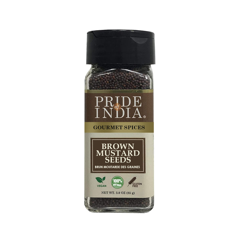 Pride of India - Brown Mustard Seed Whole - Gourmet Indian Spice - Hot & Spicy Flavor - Ideal seasoning for sauces/dips/spice blends - Easy to Use - 3 oz. Small Dual Sifter Bottle