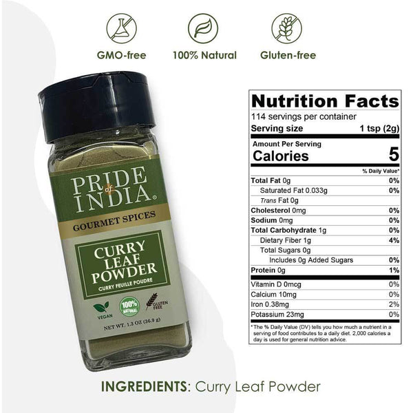 Pride of India - Curry Leaf Ground - Fresh Aroma/Distinct taste - No GMO/ No Artificial Color - Traditional Indian Spice - Easy to Use - 1.3 oz. Small Dual Sifter Bottle