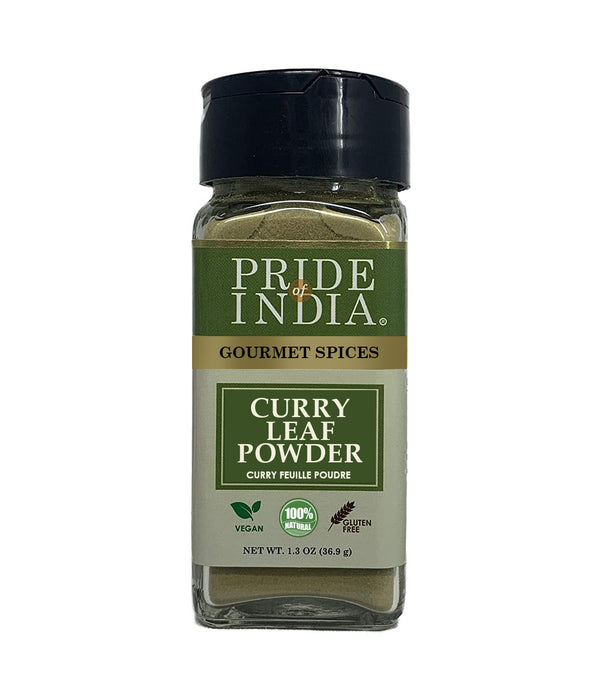 Pride of India - Curry Leaf Ground - Fresh Aroma/Distinct taste - No GMO/ No Artificial Color - Traditional Indian Spice - Easy to Use - 1.3 oz. Small Dual Sifter Bottle