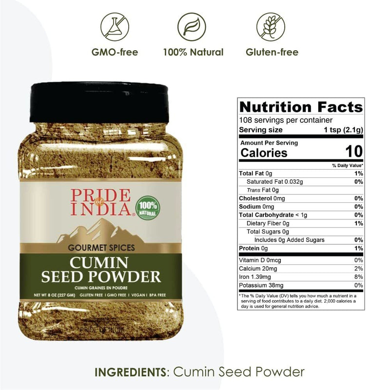 Pride of India | Cumin Seed Ground 8 oz (226.79 gm) Medium Dual Sifter Bottle | Traditional Indian Spice | Seasoning spice for Curries/Lentils/Chicken/Meat | Easy to Store