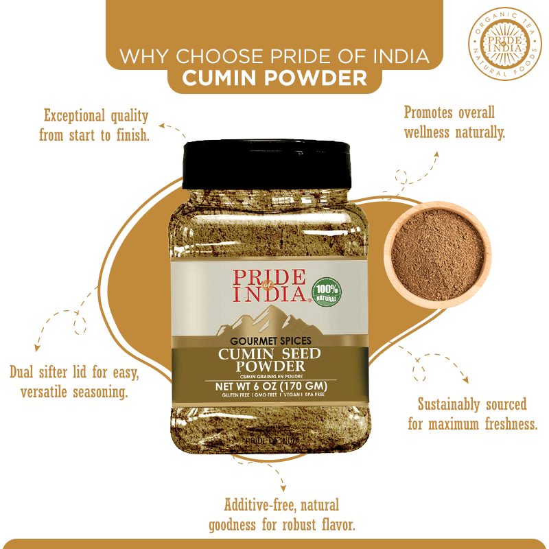 Pride of India | Cumin Seed Ground 8 oz (226.79 gm) Medium Dual Sifter Bottle | Traditional Indian Spice | Seasoning spice for Curries/Lentils/Chicken/Meat | Easy to Store