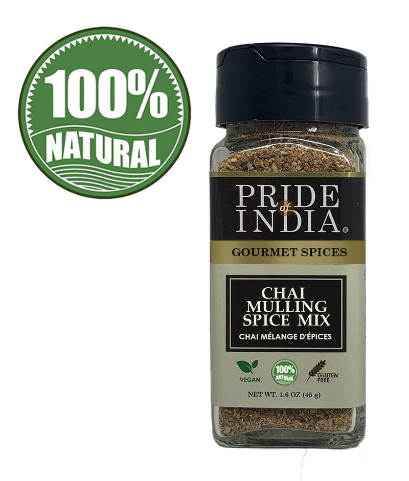 Pride of India - Chai Masala Mulling Spice Mix - Gourmet Spice Mix for Teas & Coffee - Caffeine Free - Authentic Mulling Spice Blend - Vegan & Gluten-Free - Easy to Use - 1.6 oz. Small Dual Sifter Bot