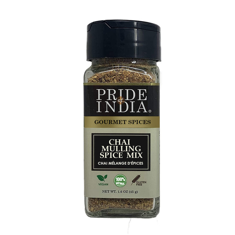 Pride of India - Chai Masala Mulling Spice Mix - Gourmet Spice Mix for Teas & Coffee - Caffeine Free - Authentic Mulling Spice Blend - Vegan & Gluten-Free - Easy to Use - 1.6 oz. Small Dual Sifter Bot