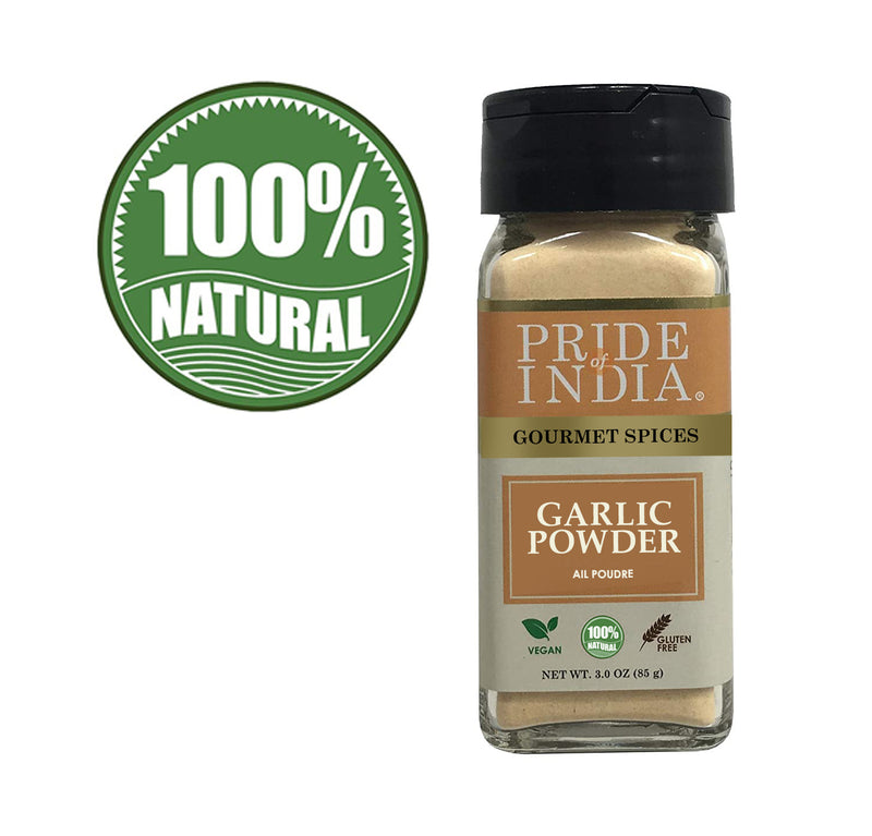 Pride of India - Garlic Fine Ground - Gourmet & Culinary Grade - Classic Seasoning to Pasta/Sauces/Dips/Bakes - Easy to Use - 3 Oz. Small Dual Sifter Bottle