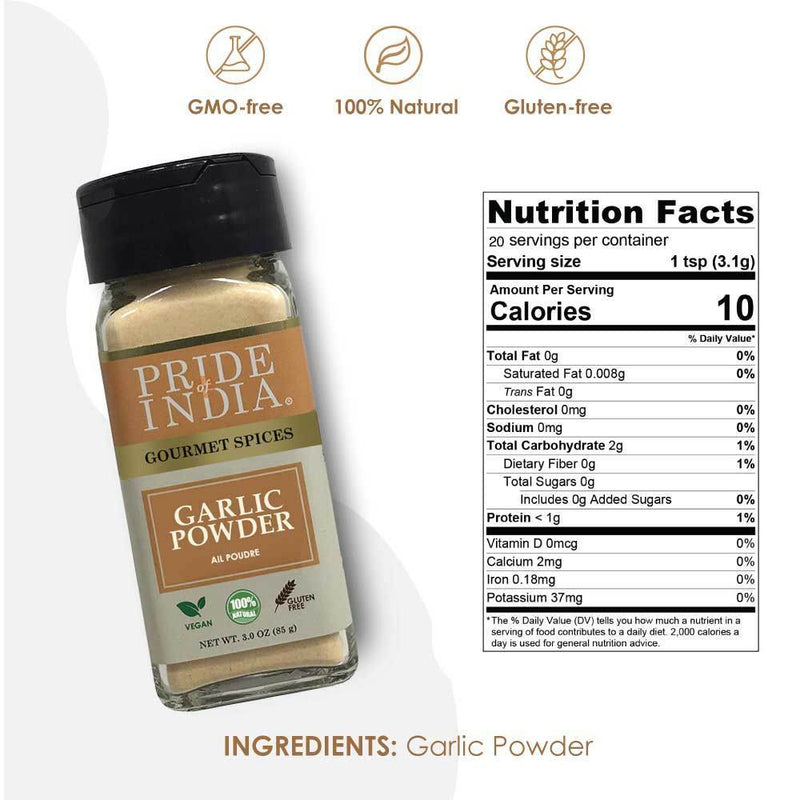 Pride of India - Garlic Fine Ground - Gourmet & Culinary Grade - Classic Seasoning to Pasta/Sauces/Dips/Bakes - Easy to Use - 3 Oz. Small Dual Sifter Bottle