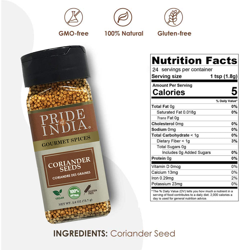 Pride of India - Coriander Seed Whole - Fresh & Gourmet Indian Whole Spice - Good for Curries/Meat/ Chicken - Easy to Use - 1.4 oz. Small Dual Sifter Bottle