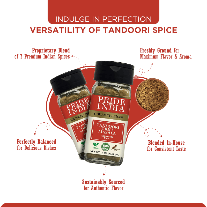 Pride of India | Tandoori Grill Masala1.5 oz (42.52 gm) | Blend of Exotic & Gourmet Spices | Tangy, Spicy, Smoky Flavor | Perfect for Chicken, Lamb Chops, Chickpea, Paneer | Vegan, Gluten-Free