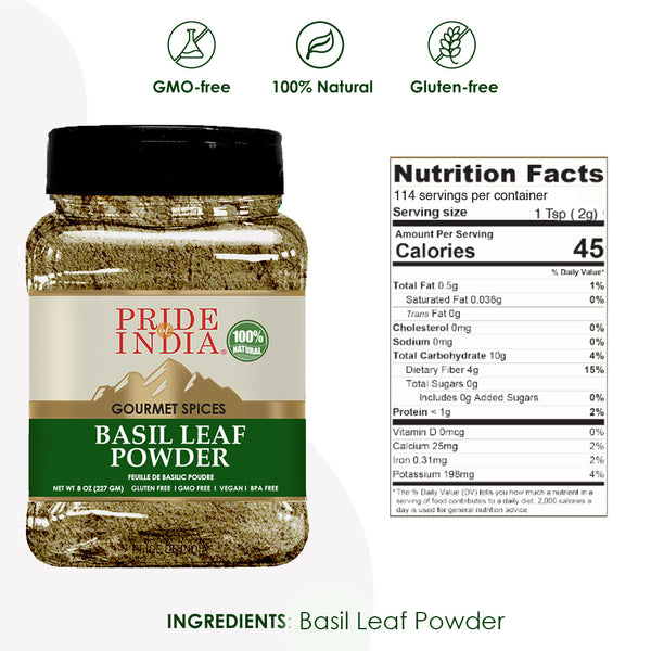 Pride of India - Basil Leaf Powder - Gourmet & Culinary Spice - Mediterranean Seasoning - Adds Flavor to pesto/stews/curries - Additives Free - Easy to Store - 7oz. Medium Dual Sifter Jar