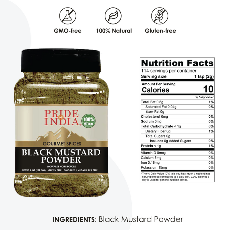 Pride of India - Black Mustard Seed Ground - Perfect Ingredient in Spice Blends - Spice up Pickles/Curries/Stews - Additives Free/Gourmet Spice - Easy to Store - 8 oz. Medium Dual Sifter Bottle