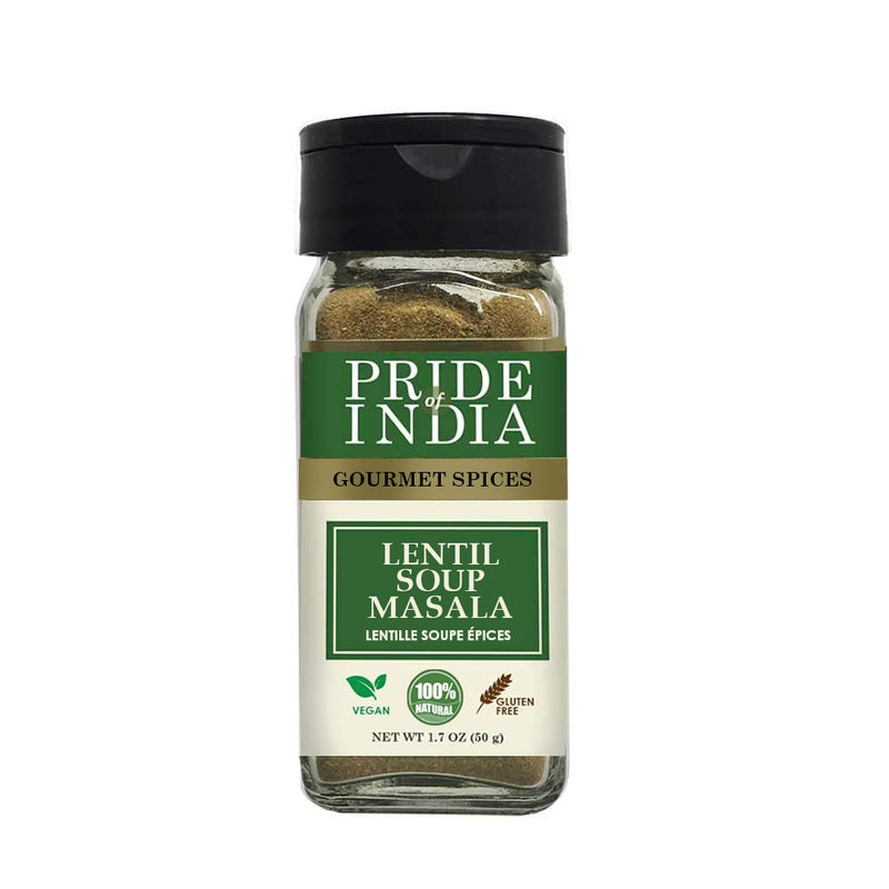 Pride of India - Lentil Soup Masala - Authentic Indian Taste - Spice Blend for Lentil Soups and Stews - Flavorful Mix - Easy to Use - 1.7 oz. Small Dual Sifter Bottle- Ideal for Vegans & Vegetarians