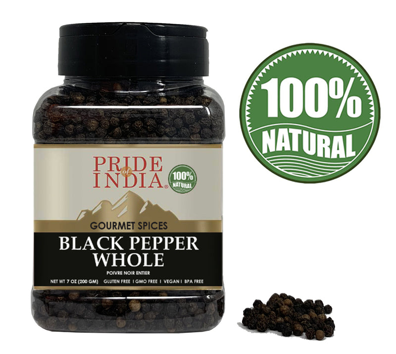 Pride of India - Black Peppercorn Whole - Gourmet & Culinary Spice - Full Bodied, Dried & Flavorful - Preservatives & Gluten Free - 8 oz. Medium Dual Sifter Jar