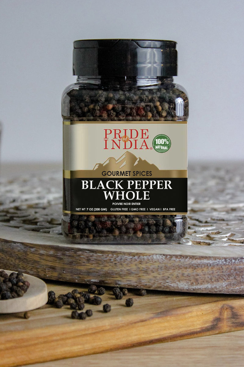 Pride of India - Black Peppercorn Whole - Gourmet & Culinary Spice - Full Bodied, Dried & Flavorful - Preservatives & Gluten Free - 8 oz. Medium Dual Sifter Jar