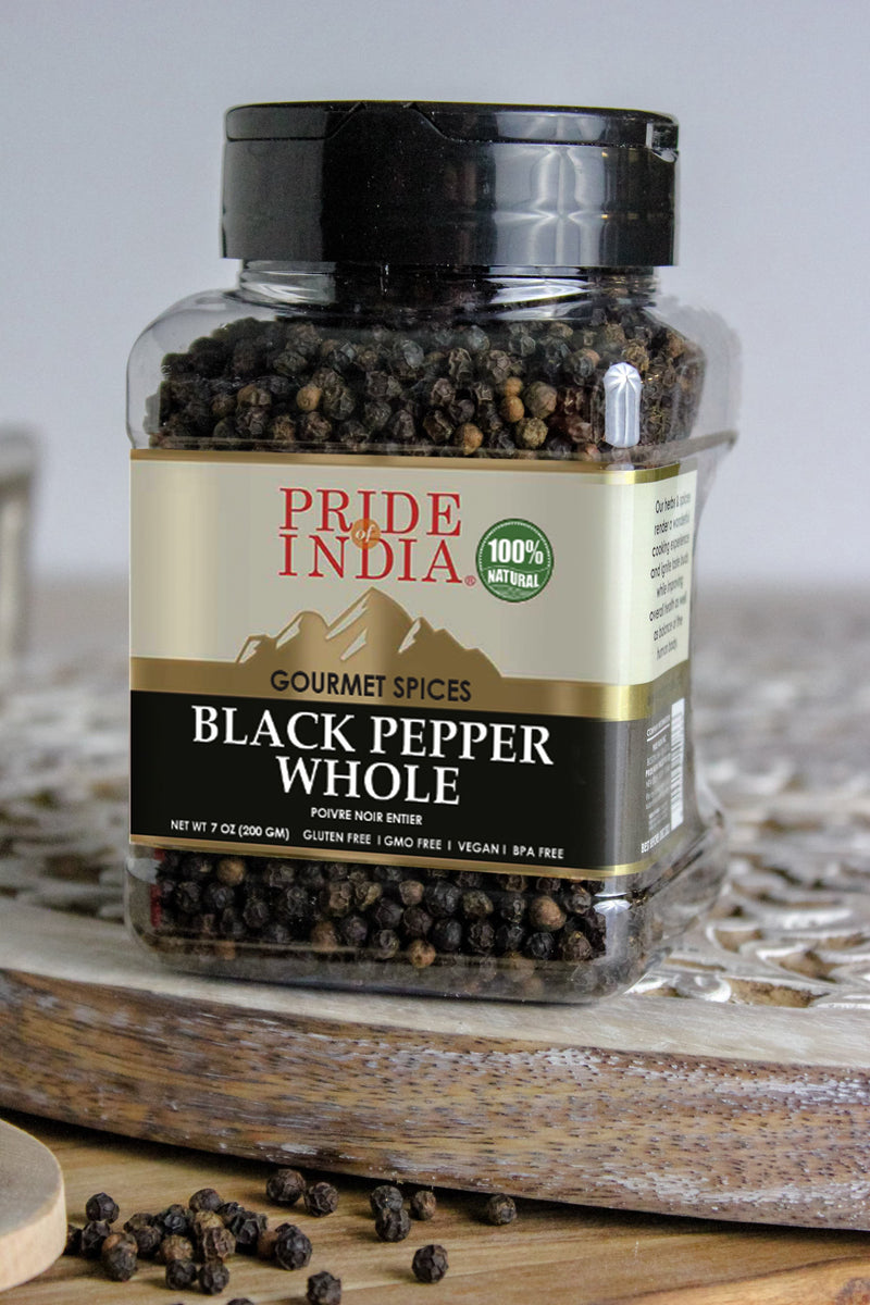 Pride of India - Black Peppercorn Whole - Gourmet & Culinary Spice - Full Bodied, Dried & Flavorful - Preservatives & Gluten Free - 8 oz. Medium Dual Sifter Jar