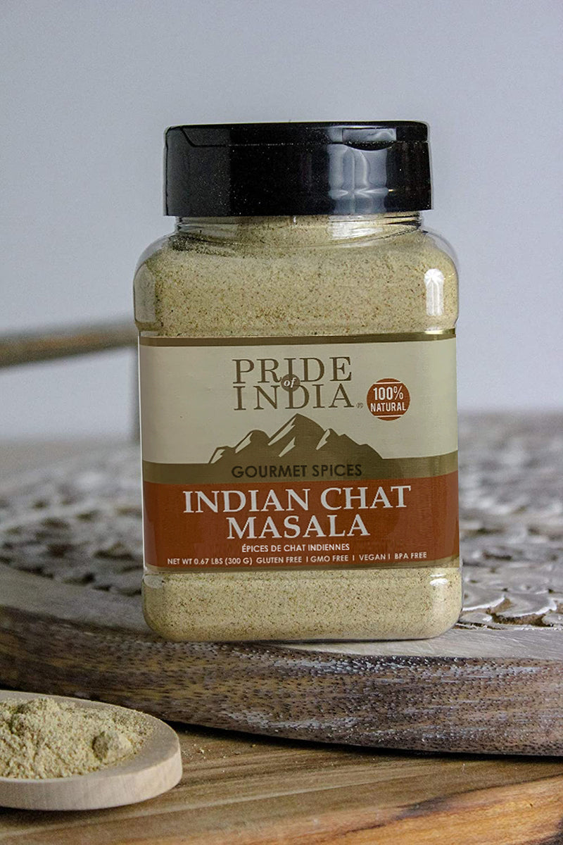 Pride of India | Indian Chat Masala Seasoning Spice 8 oz (226.79 gm) Medium Dual Sifter Jar | Ideal for Savory Dishes | Perfect Seasoning for Drinks/Salads/Fruits | Preservatives Free | Easy to Store