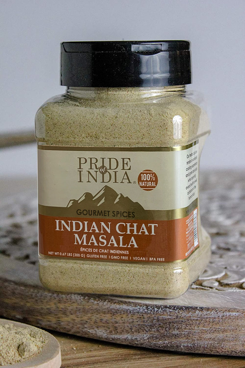 Pride of India | Indian Chat Masala Seasoning Spice 8 oz (226.79 gm) Medium Dual Sifter Jar | Ideal for Savory Dishes | Perfect Seasoning for Drinks/Salads/Fruits | Preservatives Free | Easy to Store