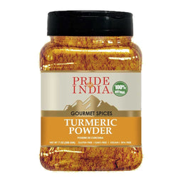 Pride of India - Natural Turmeric Ground - Traditional Indian Spice - Pantry Essential - Curcumin Rich and Gourmet - Ideal for Curries/Lentil/Meat/Pilaf - Easy to Use - 8oz. Medium Dual Sifter Jar