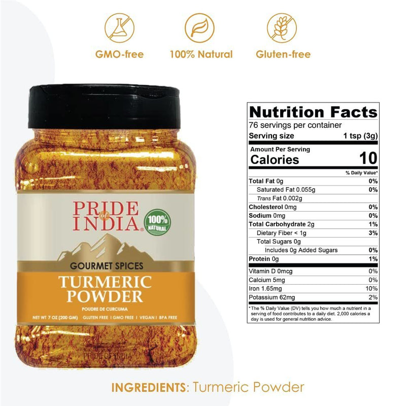 Pride of India - Natural Turmeric Ground - Traditional Indian Spice - Pantry Essential - Curcumin Rich and Gourmet - Ideal for Curries/Lentil/Meat/Pilaf - Easy to Use - 8oz. Medium Dual Sifter Jar