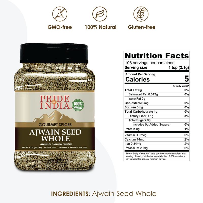 Pride of India | Ajwain Seed Whole 6 oz (170 gm) Medium Dual Sifter Jar | Gourmet Carom Seeds | Flavoring agent for Savory Dishes | Aromatic & Nutrient Dense | Easy to Use