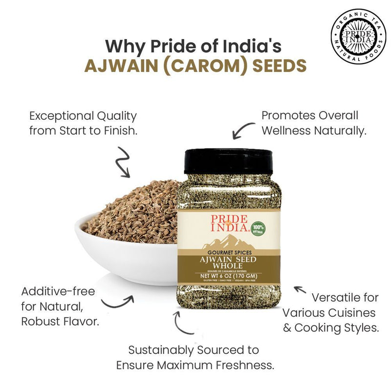 Pride of India | Ajwain Seed Whole 6 oz (170 gm) Medium Dual Sifter Jar | Gourmet Carom Seeds | Flavoring agent for Savory Dishes | Aromatic & Nutrient Dense | Easy to Use