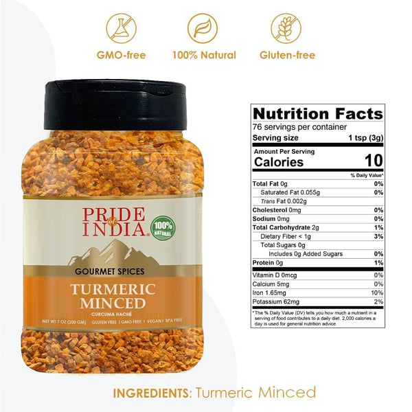 Pride of India - Turmeric Minced Whole - Gourmet Spice - Curcumin Rich/ Anti-inflammatory Properties - No Additives/ Gluten - Easy to Use - 7 oz. Medium Dual Sifter Jar