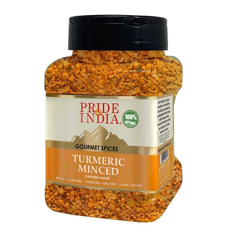 Pride of India - Turmeric Minced Whole - Gourmet Spice - Curcumin Rich/ Anti-inflammatory Properties - No Additives/ Gluten - Easy to Use - 7 oz. Medium Dual Sifter Jar