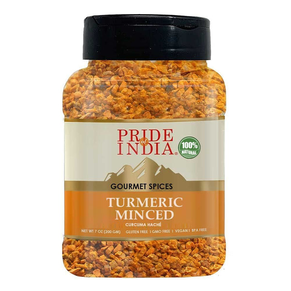 Pride of India - Turmeric Minced Whole - Gourmet Spice - Curcumin Rich/ Anti-inflammatory Properties - No Additives/ Gluten - Easy to Use - 7 oz. Medium Dual Sifter Jar