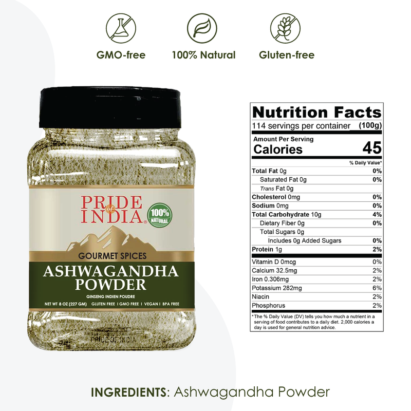 Pride of India - Natural Ashwagandha Root Ground - Health Benefits - Good for Energy Level/Body Functions - No Gluten/ Additives - Easy To Store - 8 oz. Medium Dual Sifter Jar