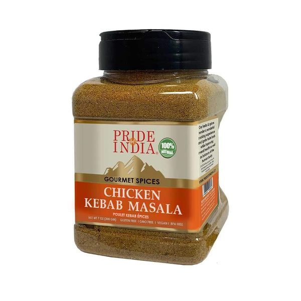 Pride of India - Chicken Kebab Seasoning Spice - Gourmet Spice Blend - Artisanal Rub - Good for Chicken Meat & Paneer - Preservatives Free - 7 oz. Medium Dual Sifter Jar