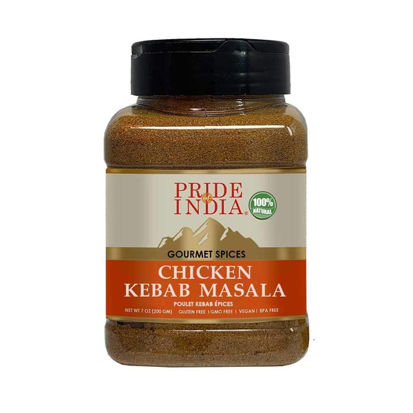 Pride of India - Chicken Kebab Seasoning Spice - Gourmet Spice Blend - Artisanal Rub - Good for Chicken Meat & Paneer - Preservatives Free - 7 oz. Medium Dual Sifter Jar