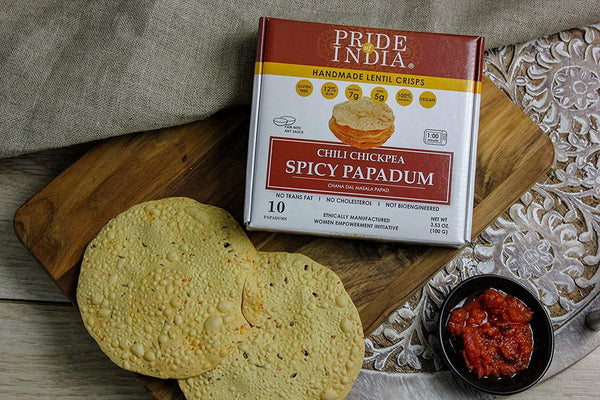 Pride Of India - Spicy Chickpea Masala Papadum Lentil Crisp, 10 count (3.53oz - 100gm) - Microwaveable Instant Chips, Gluten-Free Vegan Crackers, Healthy Protein, Fiber & Iron Rich Snacks