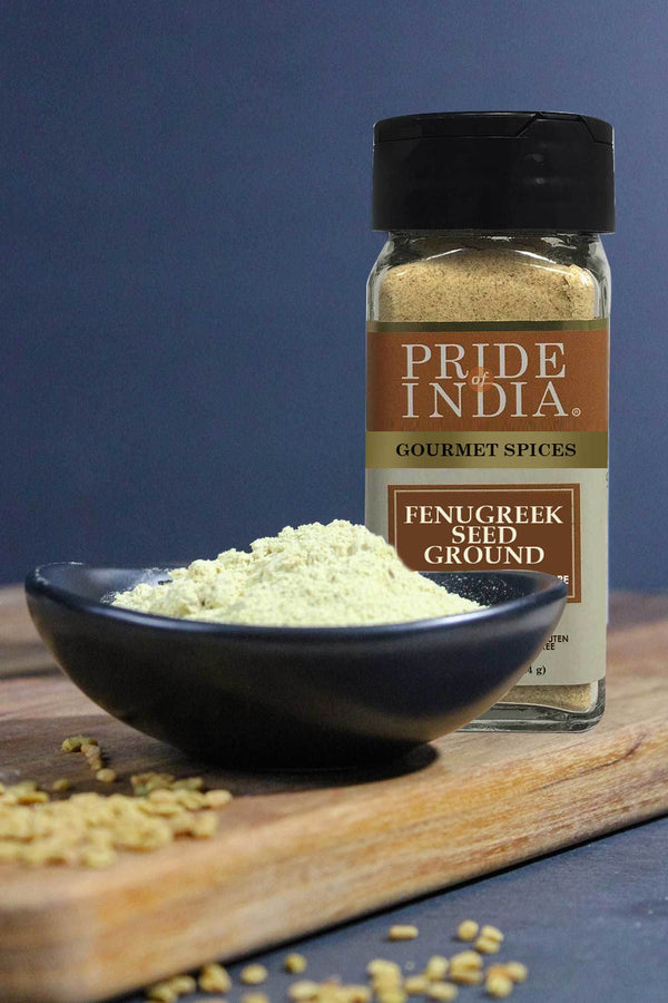 Pride of India - Fenugreek Seed Ground - Gourmet Indian Spice - Vegan, Gluten & GMO-Free - Ideal for Cooking & Meat Seasoning - Easy to Use - 2.8 oz. Small Dual Sifter Jar