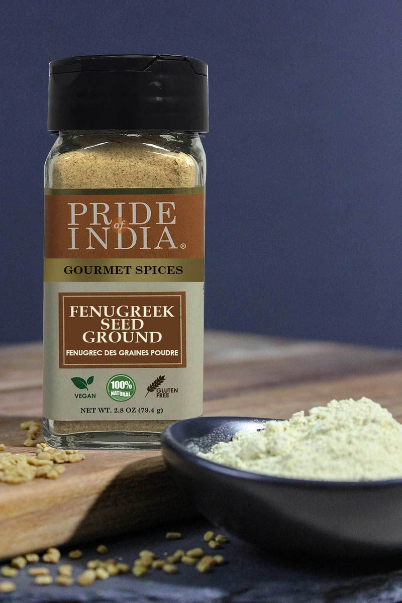 Pride of India - Fenugreek Seed Ground - Gourmet Indian Spice - Vegan, Gluten & GMO-Free - Ideal for Cooking & Meat Seasoning - Easy to Use - 2.8 oz. Small Dual Sifter Jar