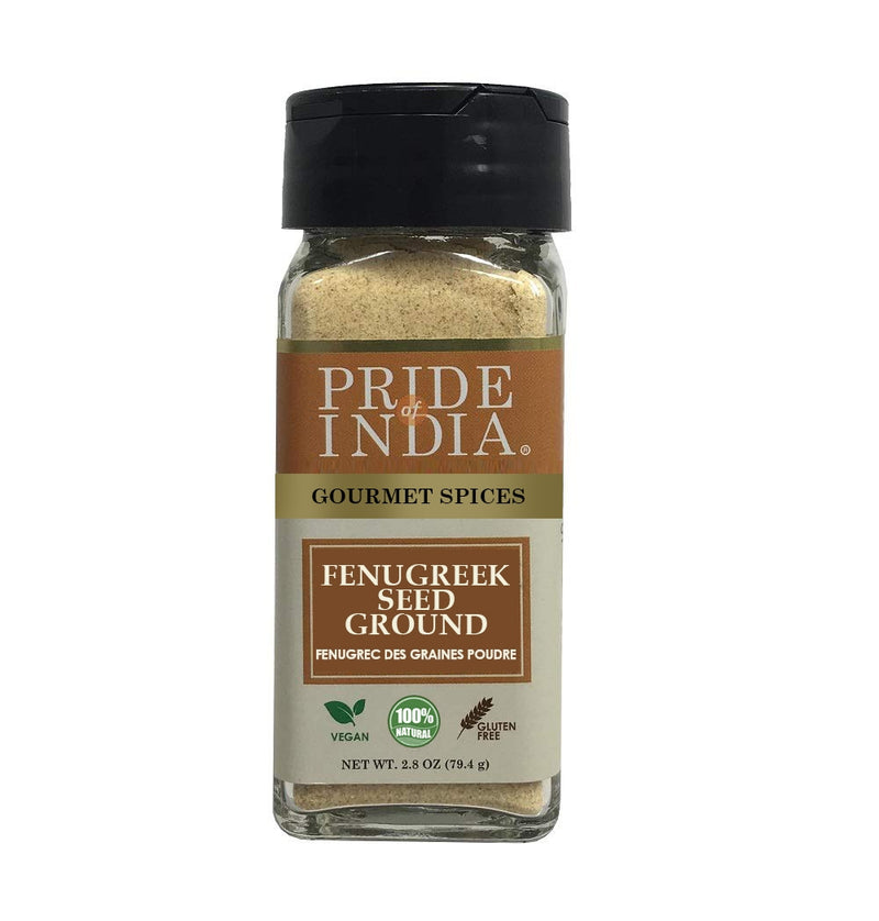 Pride of India - Fenugreek Seed Ground - Gourmet Indian Spice - Vegan, Gluten & GMO-Free - Ideal for Cooking & Meat Seasoning - Easy to Use - 2.8 oz. Small Dual Sifter Jar