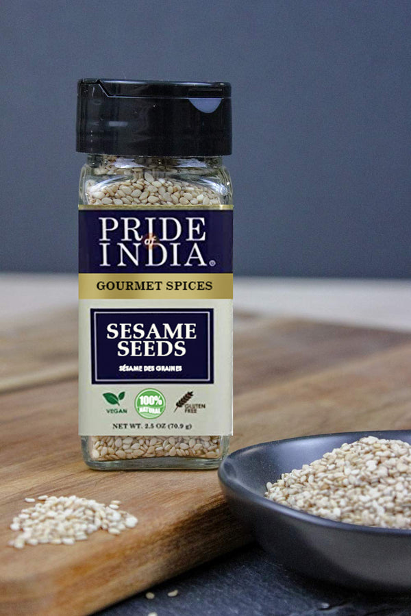 Pride of India - Sesame Seed Whole - Unhulled & Fresh - Keto-Friendly/Gluten-Free - Rich in Dietary Fiber - Ideal Seasoning for Salads/Sweets/Desserts - Easy to Use - 2.5 oz. Small Dual Sifter Bottle