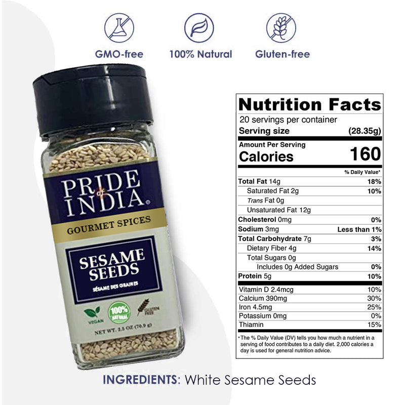 Pride of India - Sesame Seed Whole - Unhulled & Fresh - Keto-Friendly/Gluten-Free - Rich in Dietary Fiber - Ideal Seasoning for Salads/Sweets/Desserts - Easy to Use - 2.5 oz. Small Dual Sifter Bottle