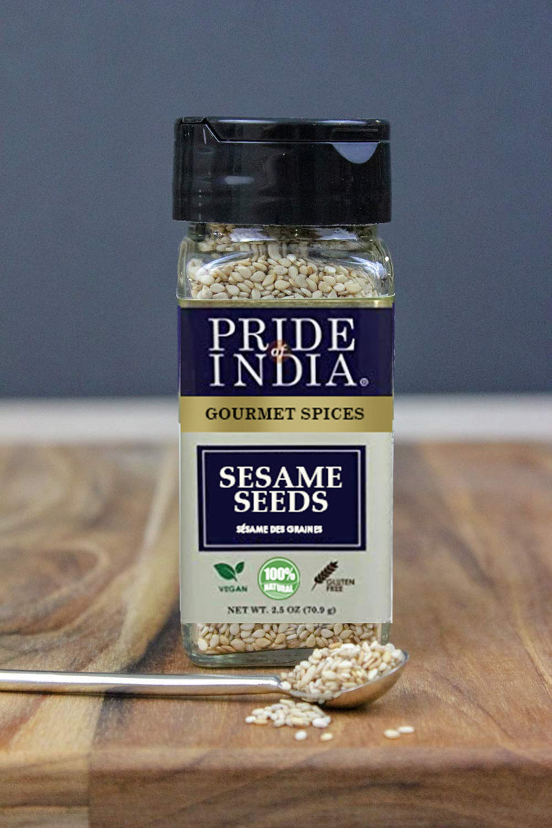 Pride of India - Sesame Seed Whole - Unhulled & Fresh - Keto-Friendly/Gluten-Free - Rich in Dietary Fiber - Ideal Seasoning for Salads/Sweets/Desserts - Easy to Use - 2.5 oz. Small Dual Sifter Bottle