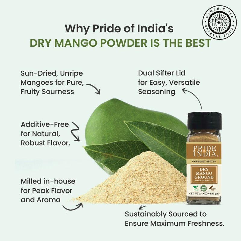 Pride Of India - Natural Dry Mango (Amchur) Powder - 2.2 oz Dual Sifter Jars, Vegan Sun, Dried Spice, Best for Chutneys, Soups