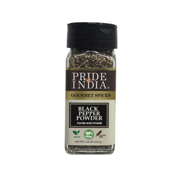 Pride of India - Black Pepper Ground - Ideal for Gourmet Dishes/ Soups/ Stews/ Rubs - Fresh & Preservatives Free - Warming Spice - Easy to Use - 1.65 oz. Small Dual Sifter Jar