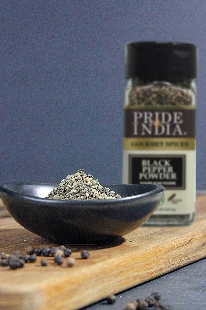 Pride of India - Black Pepper Ground - Ideal for Gourmet Dishes/ Soups/ Stews/ Rubs - Fresh & Preservatives Free - Warming Spice - Easy to Use - 1.65 oz. Small Dual Sifter Jar