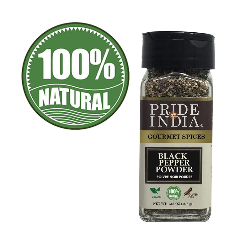 Pride of India - Black Pepper Ground - Ideal for Gourmet Dishes/ Soups/ Stews/ Rubs - Fresh & Preservatives Free - Warming Spice - Easy to Use - 1.65 oz. Small Dual Sifter Jar