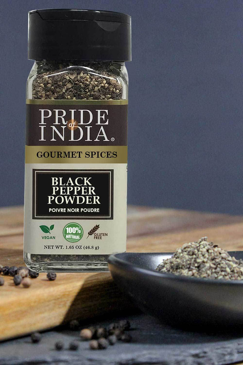 Pride of India - Black Pepper Ground - Ideal for Gourmet Dishes/ Soups/ Stews/ Rubs - Fresh & Preservatives Free - Warming Spice - Easy to Use - 1.65 oz. Small Dual Sifter Jar