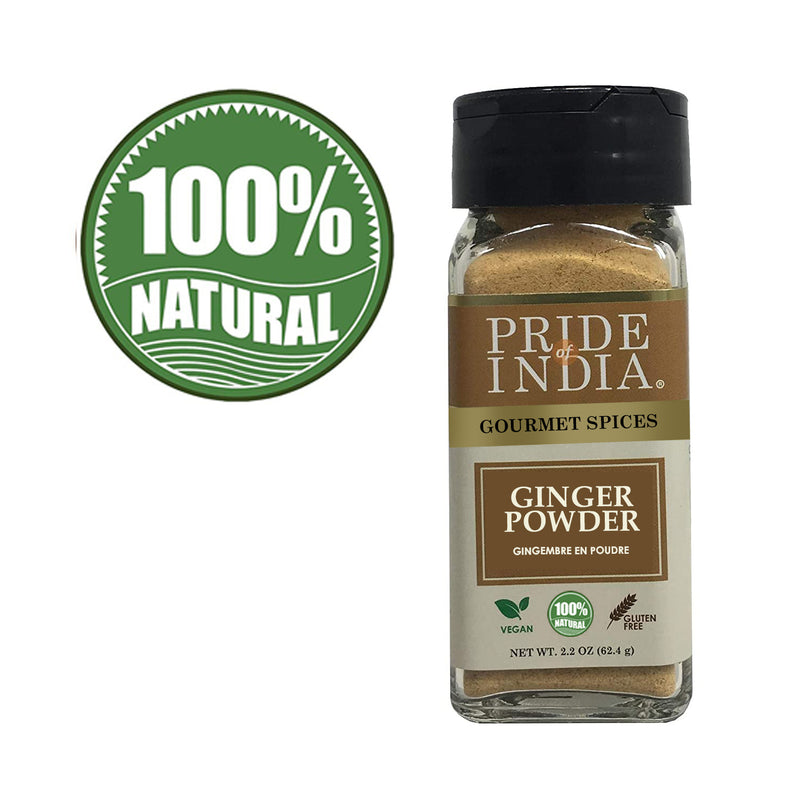 Pride of India | Ginger Fine Ground 1.65 oz (46.77 gm) Small Dual Sifter Jar | Easy to Use Blends Well | Perfect for Cooking, Baking, Tea, Curries, Soups | All Natural, Vegan, Non-Bioengineered